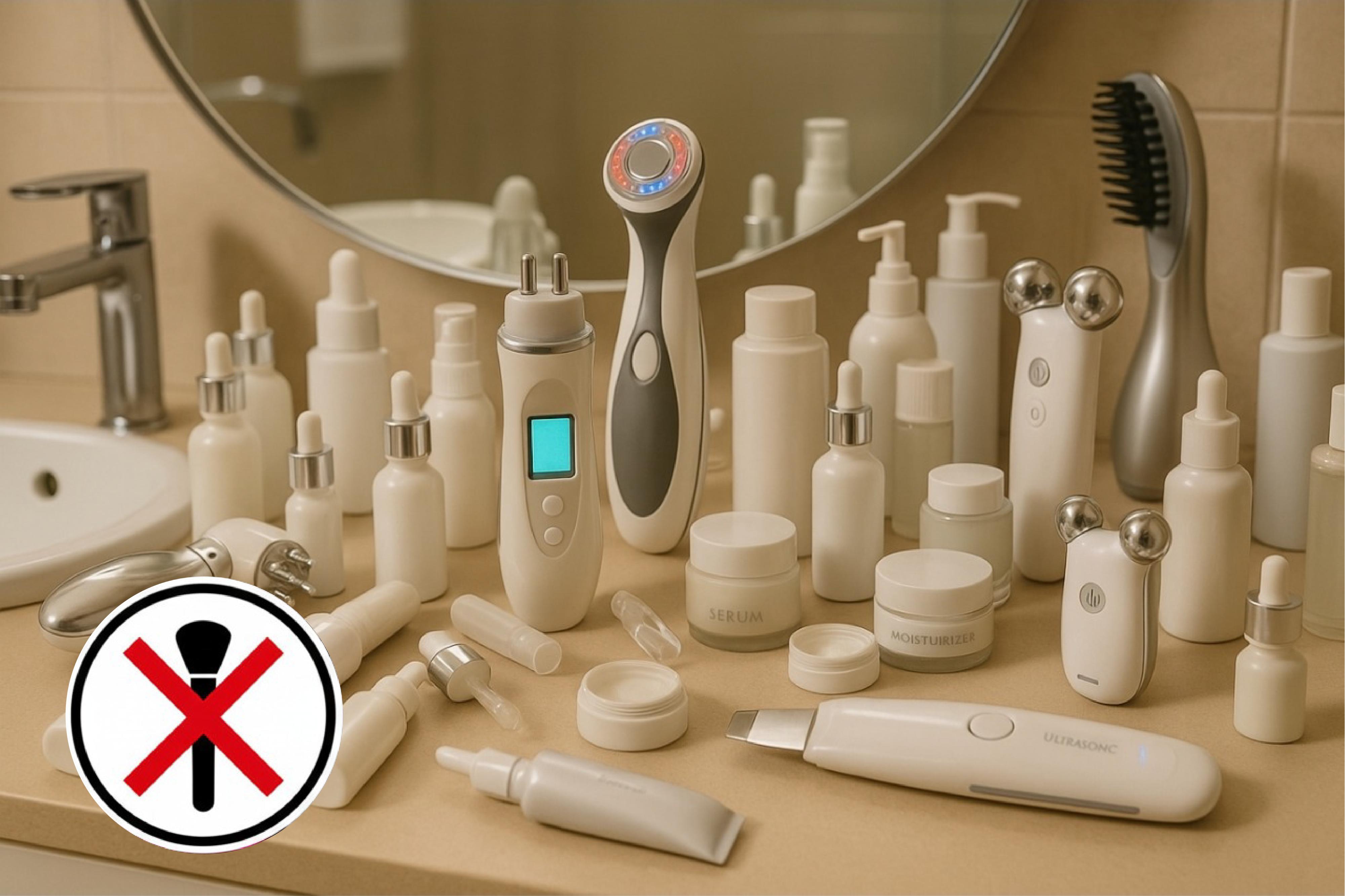 Cosméticos desordenados y gadget con X